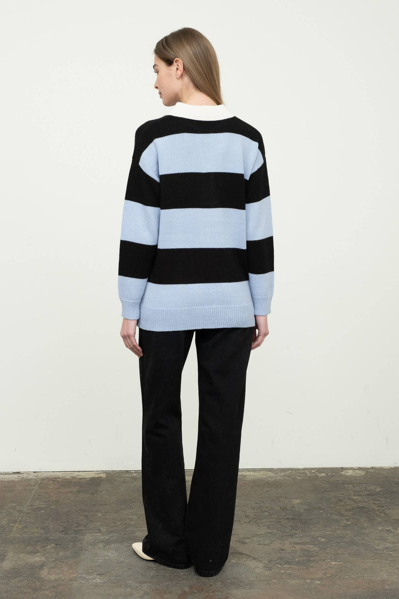 STRIPE COLLARED PULLOVER POLO SWEATER