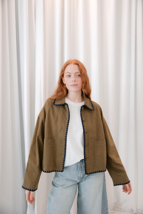 Collar Jacket with Contrast Stitching