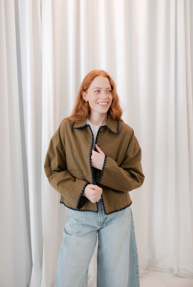 Collar Jacket with Contrast Stitching