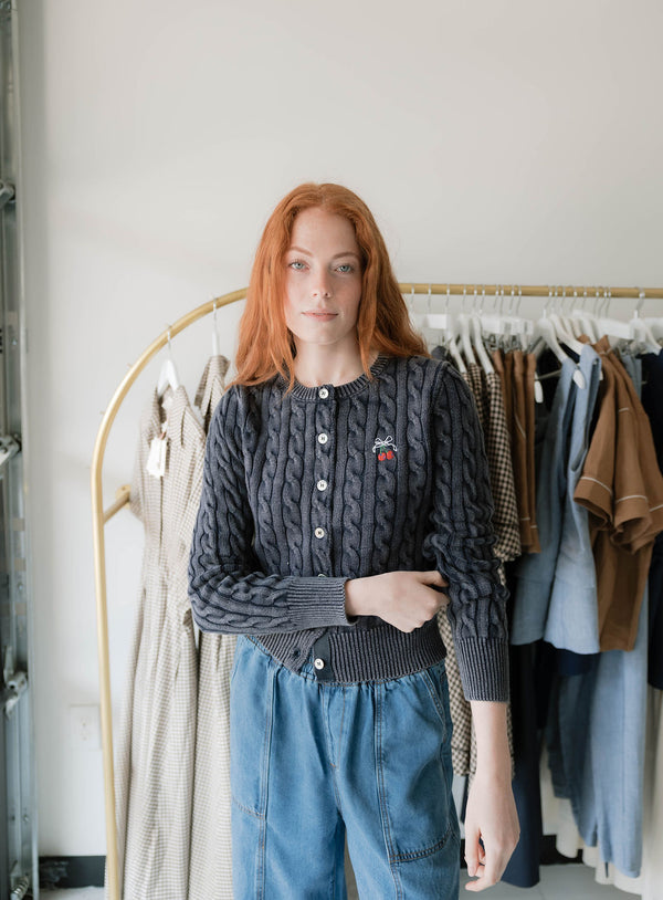 Cherry Embroidered Cable Knit Cardigan