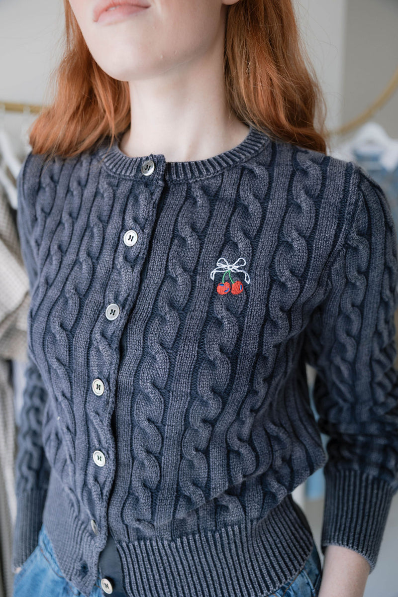 Cherry Embroidered Cable Knit Cardigan