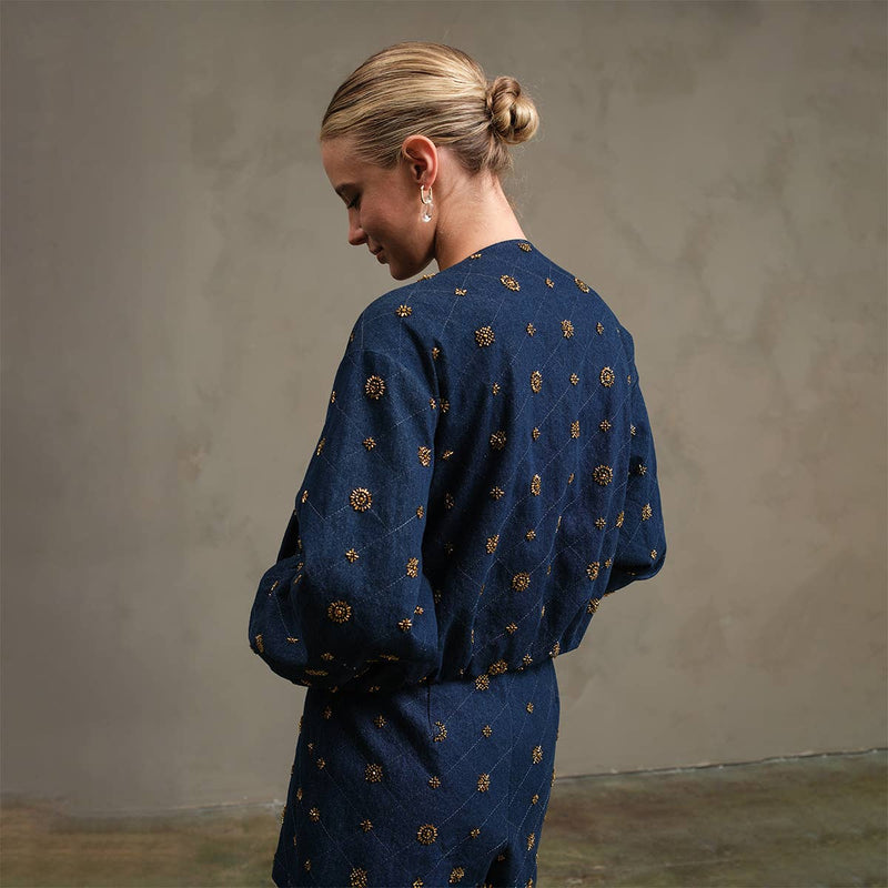 Embellished Quilted Denim Bomber Jacket