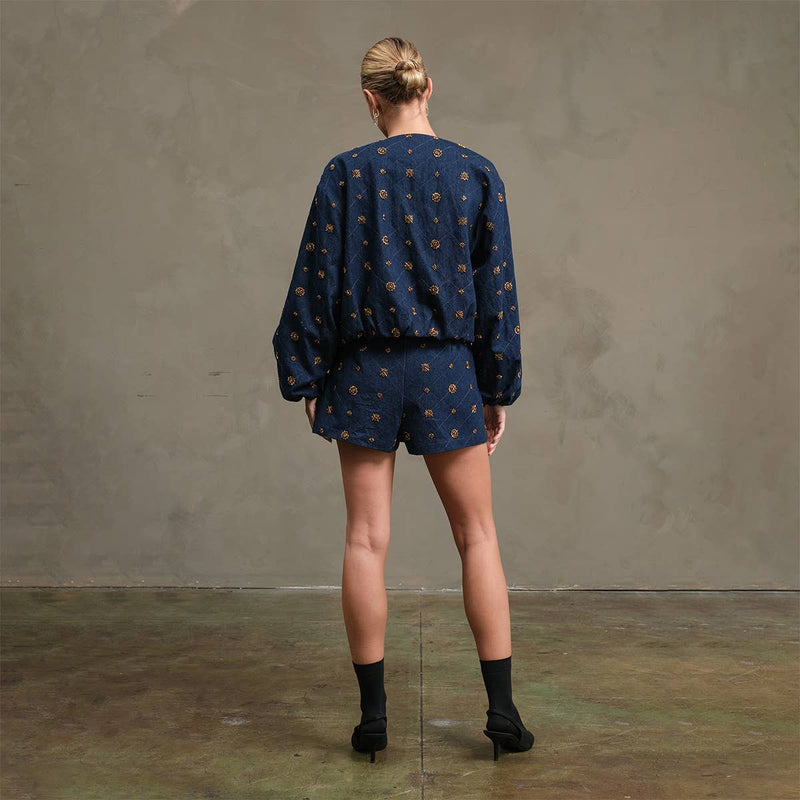 Embellished Quilted Denim Bomber Jacket