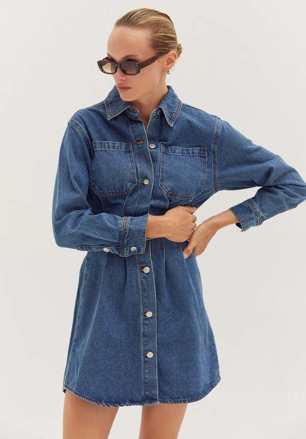 Zae Denim Mini Dress With Corset Waist Detail