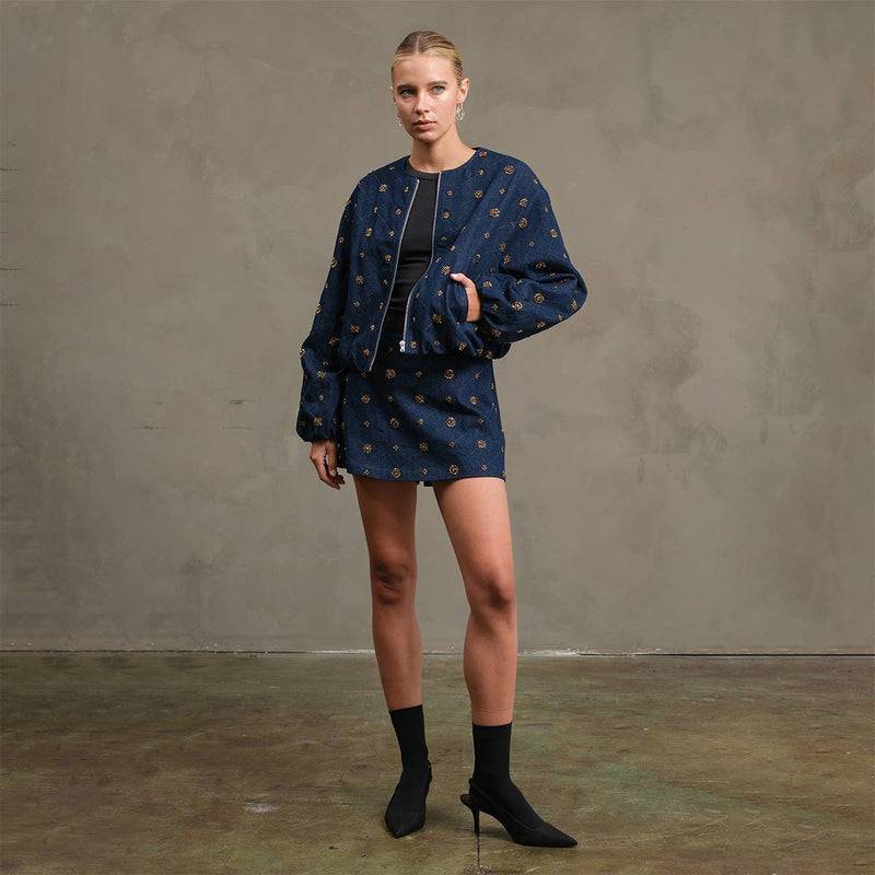 Embellished Quilted Denim Bomber Jacket