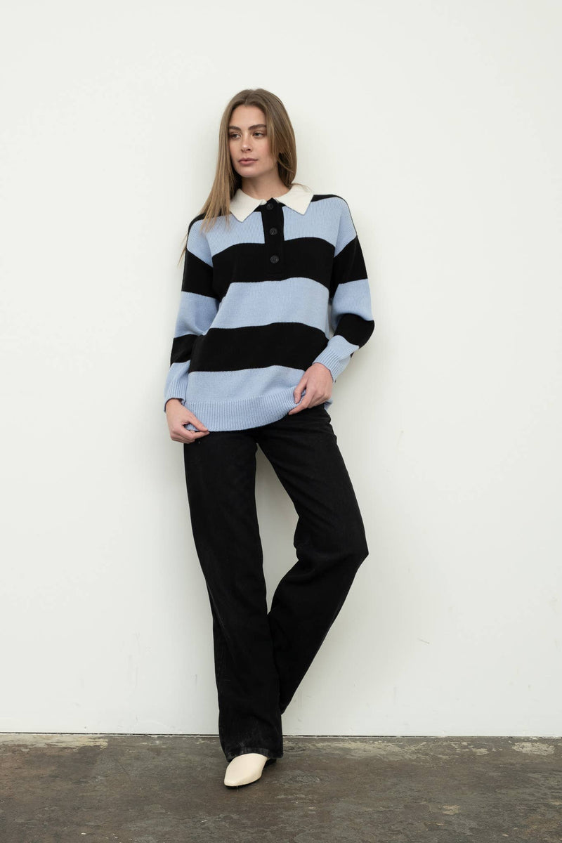 STRIPE COLLARED PULLOVER POLO SWEATER
