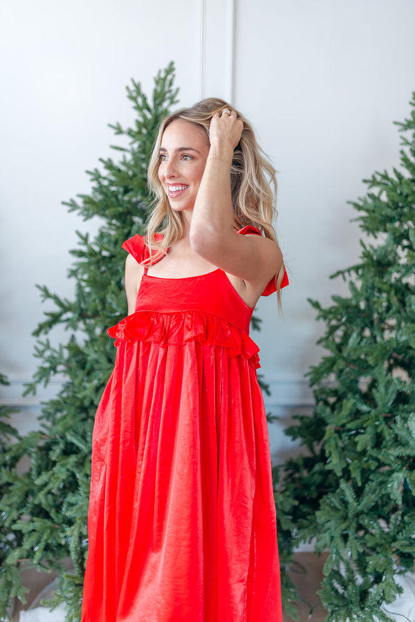 Cecilia Bow Midi Dress - Ruby Red